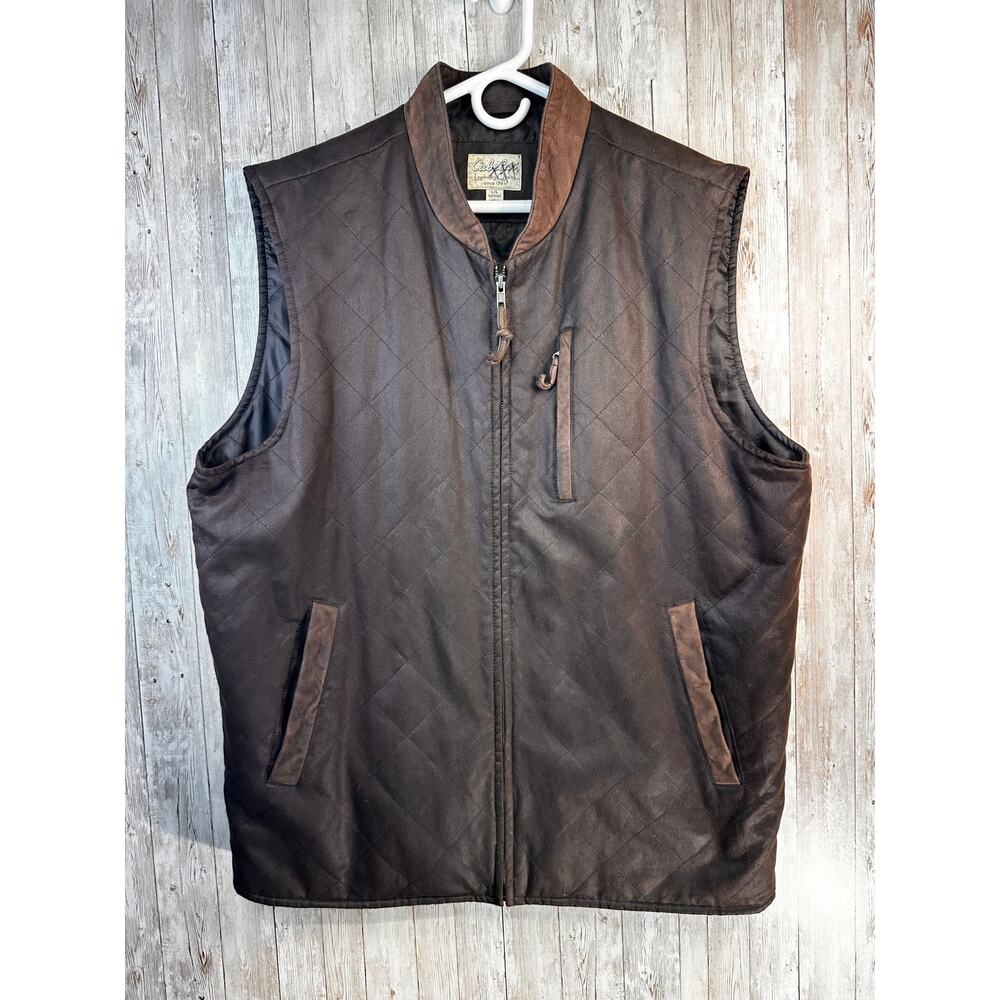 Cabelas Vest Mens‎ L Brown Faux Suede Quilted Full Zip Pockets Hiking Outdoor